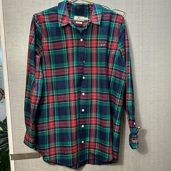Soft Vineyard vines long Blue Green Red White Button flannel size 10 - Picture 3 of 11